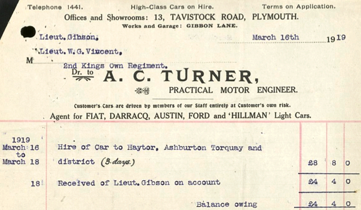 Car hire from A.C. Turner 3rd March 1916
